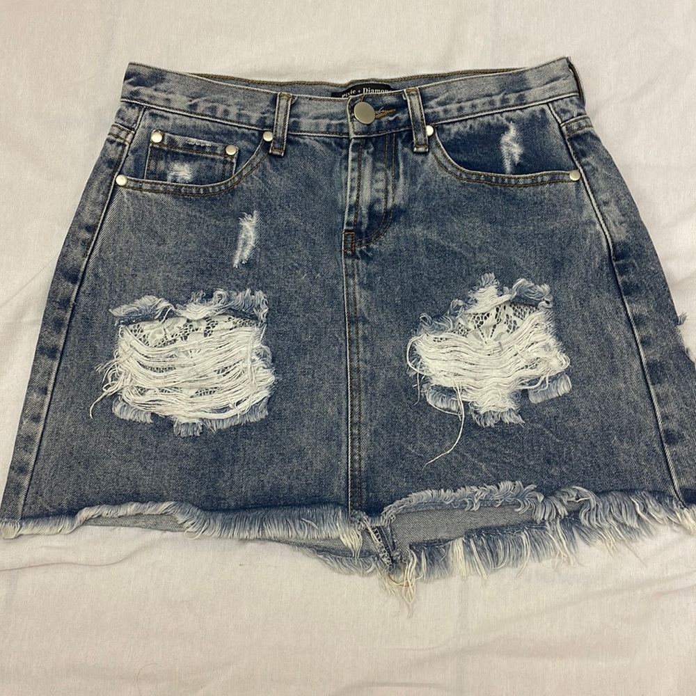 Pixie + Diamond Ripped Lace Distressed Jean Skirt Size Medium